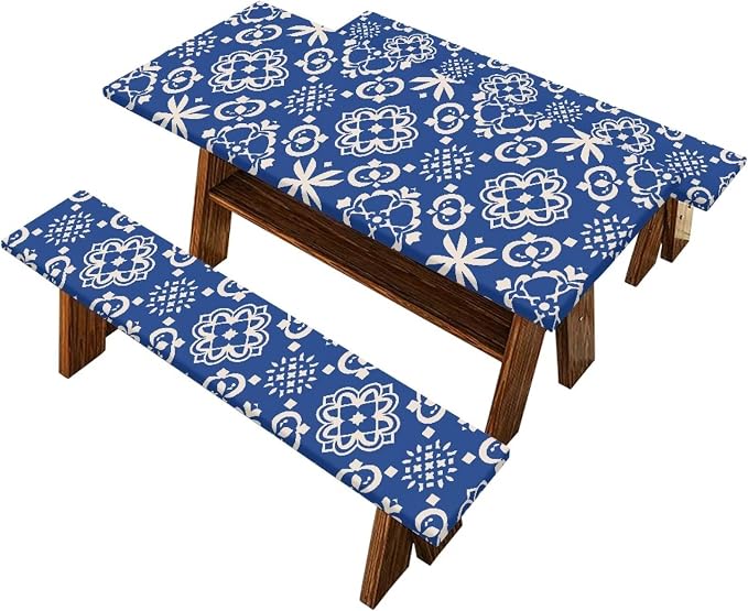 Vintage Flower Picnic Table Cover with Bench Covers Autumn Outdoor Camping Tablecloth Water and Oil Repellent Elastic Waterproof Picnic Table Cover 3 Piece Set for 6 Foot Tables