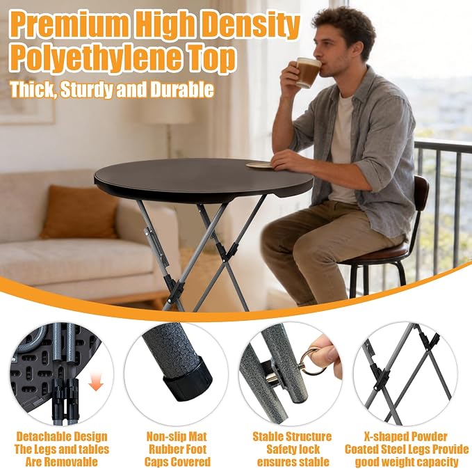 GUAGUA 32" Round Plastic Folding High Top Table - Versatile Bar, Cocktail & Portable Pub Table for Parties, Bistro & Events(Brown)
