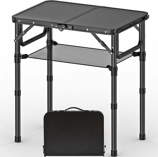 YihuiKo Folding Picnic Table with Storage Net, Matte Black Aluminum Folding Table 23.6" x 15.8", Adjustable Height Max 27.5", Lightweight Portable for Camping Travel Indoor