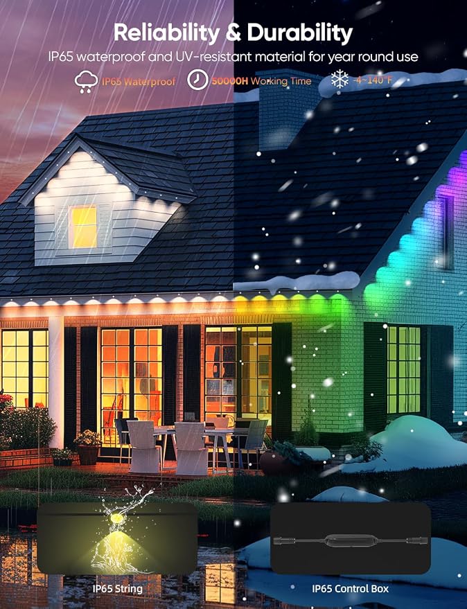 Permanent Outdoor Lights 50FT with 36 LEDs, Smart Eaves Lights RGBW | Waterproof Outdoor String Lights, 110+ Scene Modes, 40LM Warm White, for Daily/Holiday Decor, App/Voice/Remote Control, Black