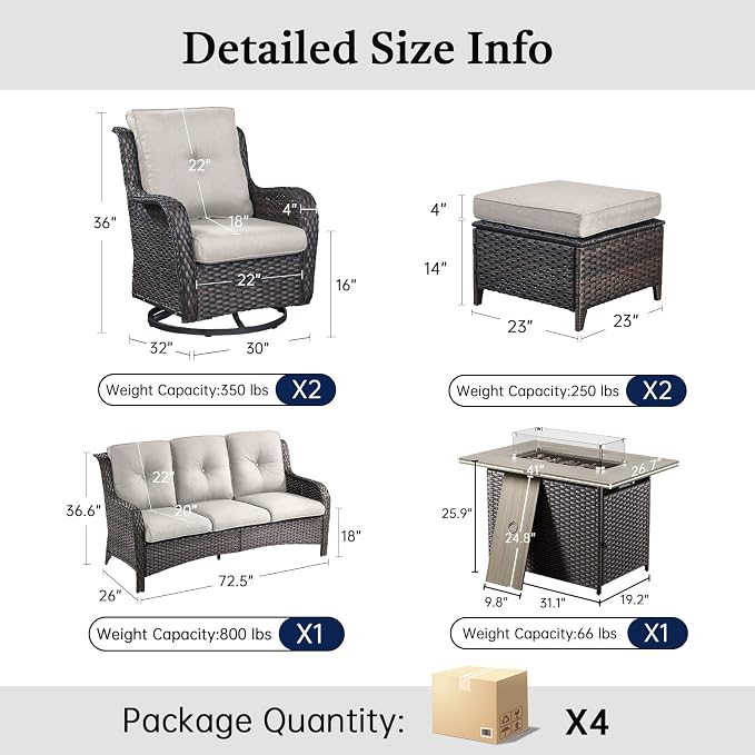 Patio Furniture Set with 41" Fire Pit Table - High Back Patio Conversation Set with 4 Inch Thick Cushions and Deep Seating Swivel Glider Chairs & Outdoor Couch for Porch Deck Yard Pool Brown