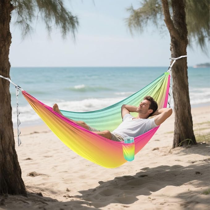 Rainbow Camping Hammock, Portable Lightweight Single Hammock with Tree Straps and Aluminum Carabiners, 114" x 54" Travel Hammock for Hiking Backpacking Beach