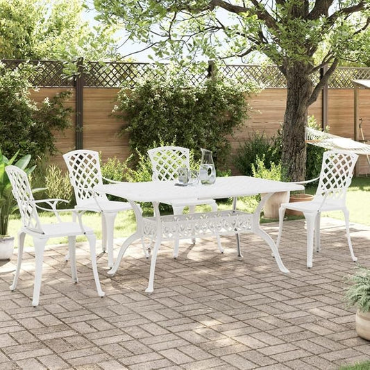 5 Piece Patio Dining Set White Cast Aluminum Outdoor Garden Furniture Table and 4 Chairs with Umbrella Hole for Backyard Lawn Poolside