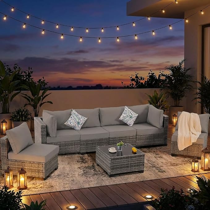 7 Pieces Outdoor Patio Furniture Set, All-Weather Sectional Sofa | Light Grey Wicker Conversation Set with Glass Table and Cushions | PE Rattan Weaving | Ideal for Patio, Pool, Balcony