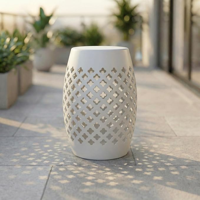 12.5" Steel Outdoor Side Table, Hollow Drum Metal Patio End Table & Ambient Lantern, Decorative Geometric Accent Table for Garden, Balcony and Poolside, No Assembly, White