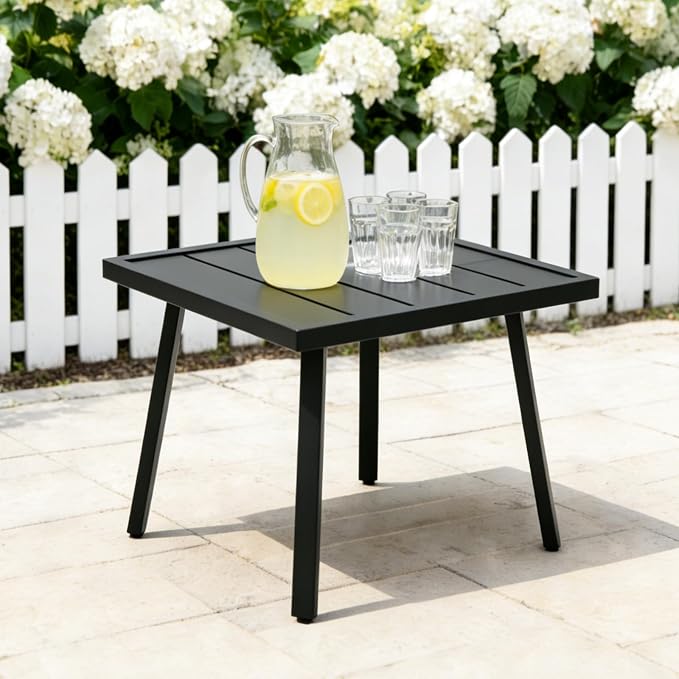 Patio Side Table, Square Outdoor End Table with Wood Grain Tabletop for Patio, Balcony and Garden, Black