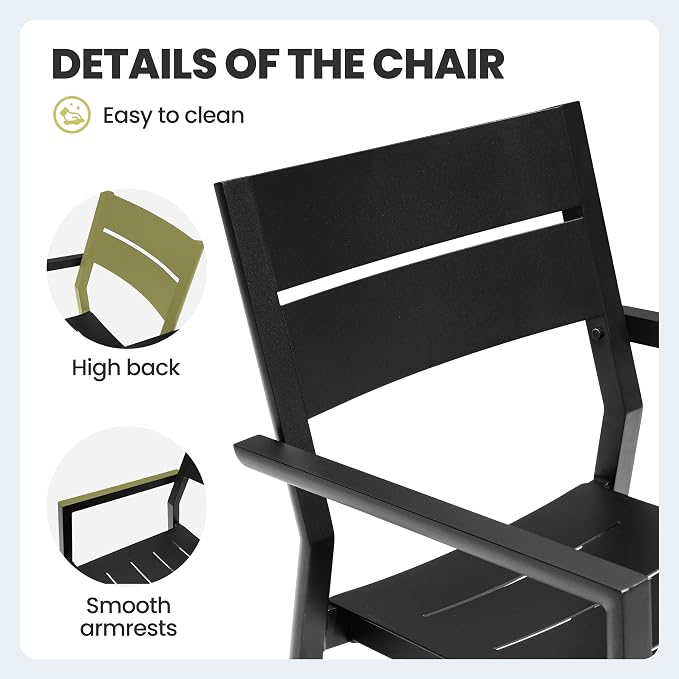 Aluminum Stackable Outdoor Dining Chairs Set of 2 | Modern Black Patio Armchair with Slat Back for Garden, Poolside, Backyard & Porch