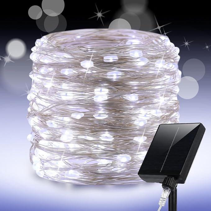 Solar String Lights for Outside,200FT 600 LEDs Solar Fairy Lights,Waterproof 8 Modes Button Outdoor String Light for Patio Garden Backyard Tree Wedding Christmas,Silver Wire,Cool White