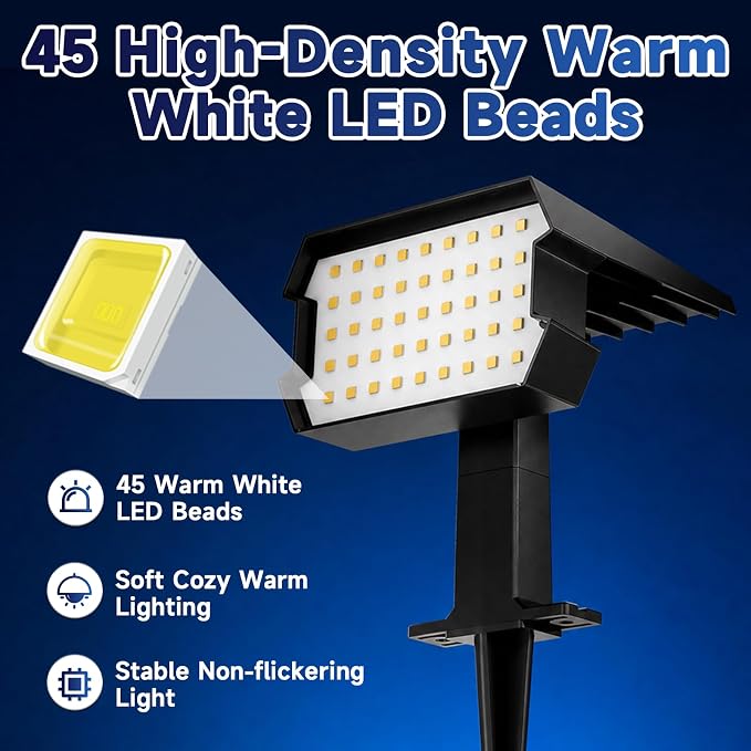 Solar Lights Outdoor Waterproof IP65, 45 LED 2 Lighting Modes Outside Solar Landscape Spotlight for Garden Yard Pathway Lawn, 2 Pack (Warm White)