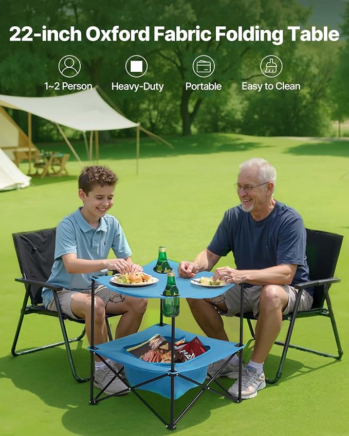 VEVOR Folding Camping Table, Portable Outdoor Lightweight Picnic Table, 600D Oxford Fabric Waterproof Canvas Travel Beach Tables, with 4 Cup Holders, Carry Bag, for Tailgating Camping Picnic, Blue