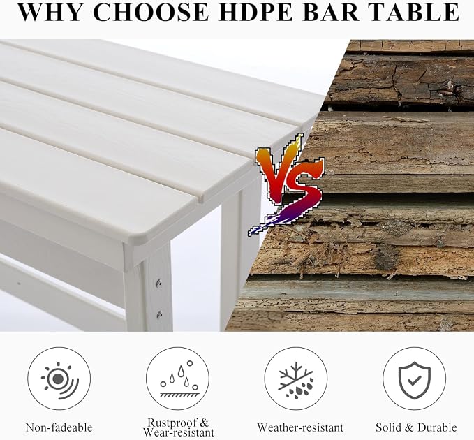 HDPE Outdoor Bar Height Table,54" Rectangular Patio Table, All-Weather Design for Bistro/Garden/Poolside (White)