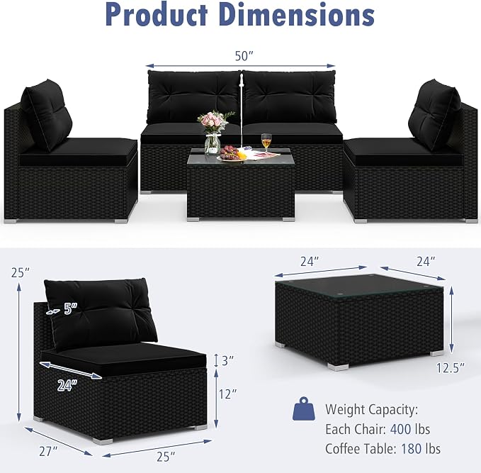 DORTALA 5 Piece Wicker Patio Furniture Set, PE Rattan Outdoor Sectional Conversation Set with Tempered Glass Coffee Table, 4 Chairs for Deck, Backyard, Poolside, Black