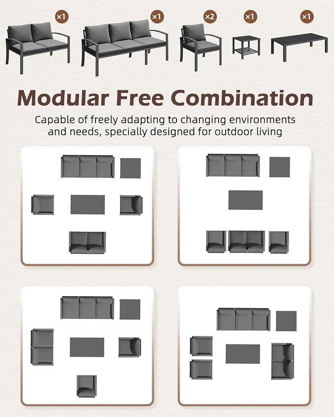 U-MAX Metal Outdoor Patio Furniture Set with Waterproof Cover, 6 Pieces Outdoor Conversation Set with Coffee Table&Side Table, Outdoor Couch Sofa Modern with Dark Grey Cushions for Lawn, Backyard