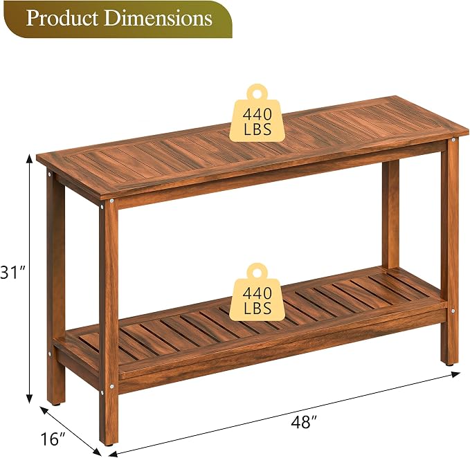 Wooden Console Table, 48in 2-Shelf Solid Wood Patio Side Table, Indoor Outdoor Buffet Bar Organizer with Foot Sliders (Natural)