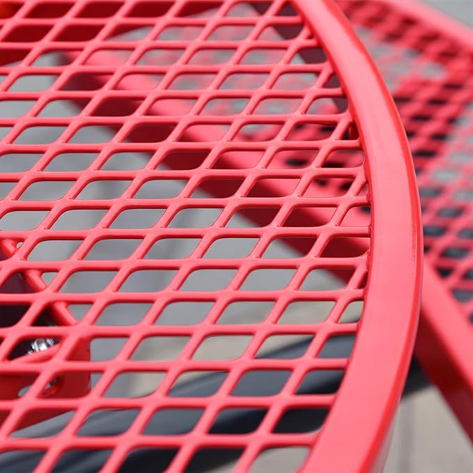 Heavy Duty Picnic Table for Outdoors 3200 lbs Load All Metal Dining Table with Umbrella Hole up to 1.5", Round Camping Table for Commercial Picnic Table with Benches, Red