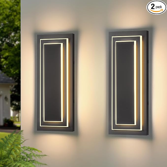Modern Outdoor Square Wall Sconce LED,Exterior Lights 15.7 in,24W | Waterproof 2-Tier Patio Wall Light Fixture For House,Side Garage,Front Porch,Entrance With 3000K Light Bead,360° Angle,2PCS