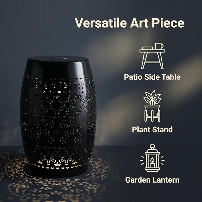 12" Outdoor Solar Side Table, Metal Cutout Drum Side Table, Coffee End Tables, Patio Garden Stool for Small Spaces, Living Room, Backyard, Poolside (1, Black + Solar)
