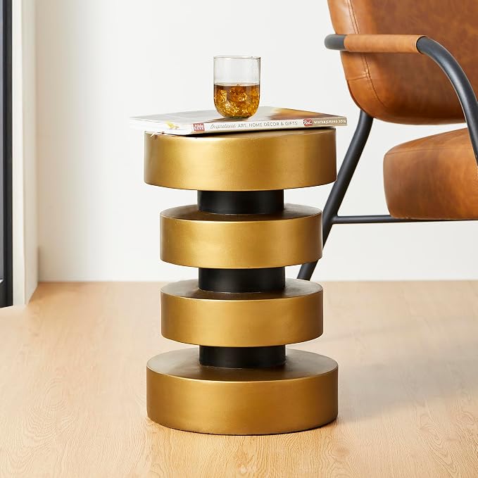 Glitzhome Modern Indoor Outdoor Side Table 18" H, MGO Antique Gold Side Table, Unique Floating Disks Round End Table, Decorative Accent Stool for Garden Outdoor Living Room Bedroom Sofa Home Decor