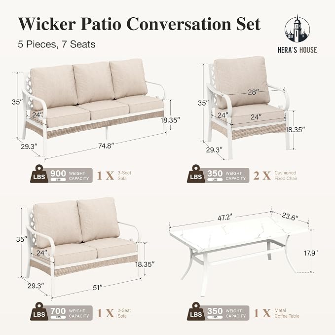 HERA'S HOUSE 5 Piece Metal Patio Furniture Set, 7 Seats All Weather Outdoor Conversation Set, 3 Seat Sofa with Loveseat, 2 Fixed Chairs, Coffee Table for Backyard, Garden, Deck, White/Beige