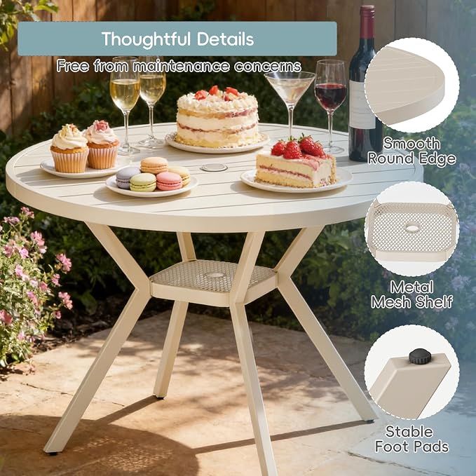 5 Piece Patio Dining Set for 4 Swivel Chairs and 42” Round Metal Table with Umbrella Hole, All Weather Patio Dining Furniture Set for Deck Lawn Backyard, Sandshell