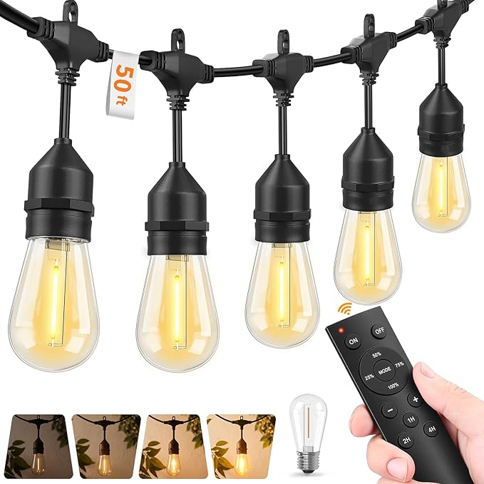 Hotsonic Remote Control Outdoor String Lights Waterproof, 50 FT LED Outside Lights with Shatterproof Bulbs, Dimmable Hanging S14 Lights 3 Modes for Patio Porch Garden pergola Yard Party House Decors