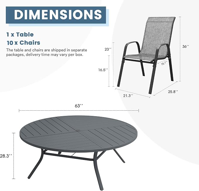 DIFY 11 Piece Outdoor Dining Set, 63" Round Metal Dining Table and Textilene Stackable Patio Chairs, Patio Table and Chairs Set for 10 with Umbrella Hole for Backyard Garden Deck, Grey