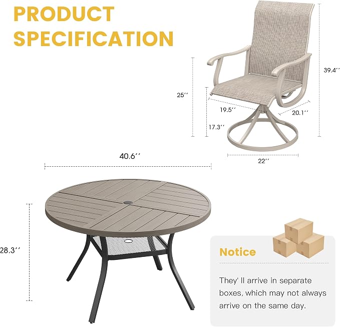 VICLLAX 5 Pieces Patio Dining Set for 4, Outdoor Furniture Set Includes 40.6" Round Outdoor Table and 4 Patio Swivel Chairs for Lawn Garden, Sandshell Tabletop and Fabric