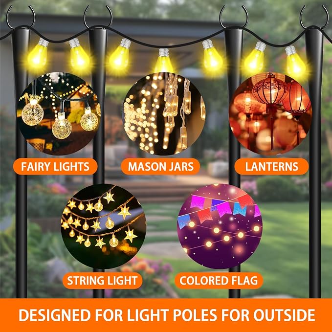4 Pack 10Ft String Light Poles, Metal Poles with Fork for Outside Lights,Outdoor Metal Light Stand with Fence Brackets Hanging Lights for Garden Patio Wedding Backyard