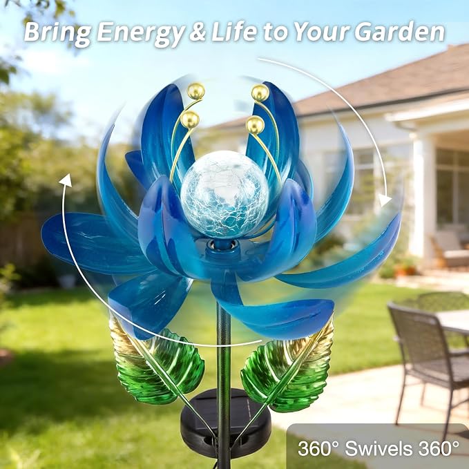 AIINY Solar Garden Lights Metal Flower Decor, Colorful Lotus Pathway Spinning Windmill with LED Cracked Crystal Ball Outdoor Decorative Stake Lighting Waterproof Flower Sculpture for Patio Yard