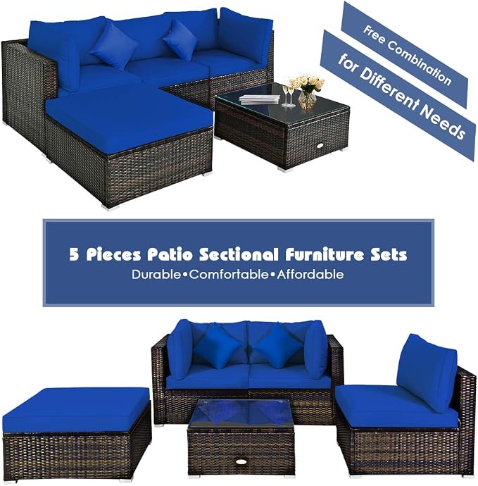 HAPPYGRILL 5 Pieces Patio Conversation Set, Outdoor Rattan Wicker Furniture Set, Sectional Sofa Ottoman Set with Coffee Table, Cushion, Pillow for Garden Lawn Balcony Backyard