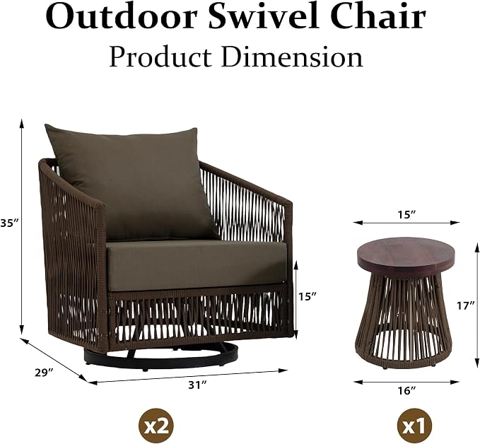 Outdoor Patio Furniture Set, 3 Pieces Outdoor Swivel Chairs with Coffee Table and Thick Cushion, Pe Wicker Rope Furniture Set for Entertaining, Balcony, Garden, Poolside, Coffee