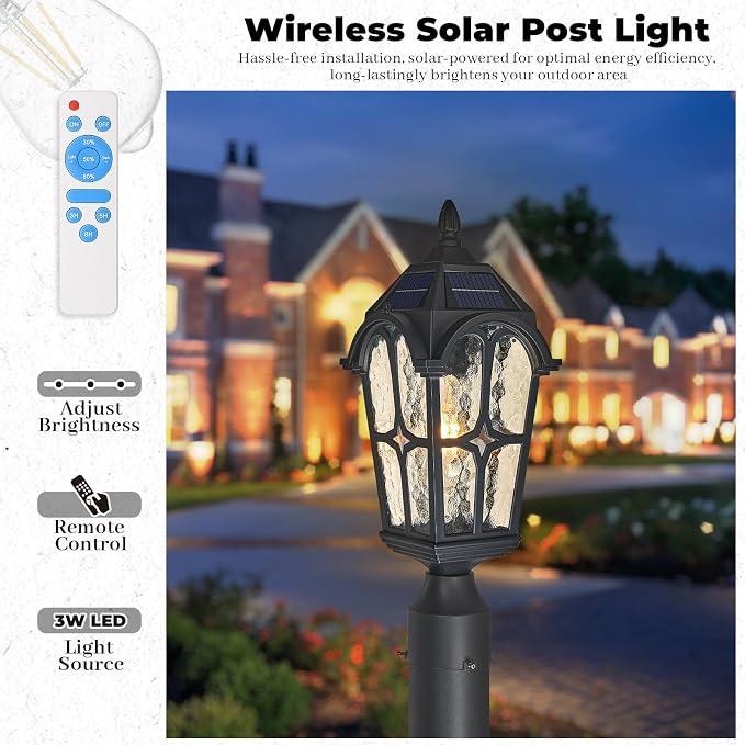 Solar Post Light Outdoor, 17.3 Inch Dusk to Dawn Pier Mount Lamp, Sand Black Aluminum with Seeded Water Ripple Glass, Waterproof Solar Pole Light Fixture for Garden Yard Pillar Patio