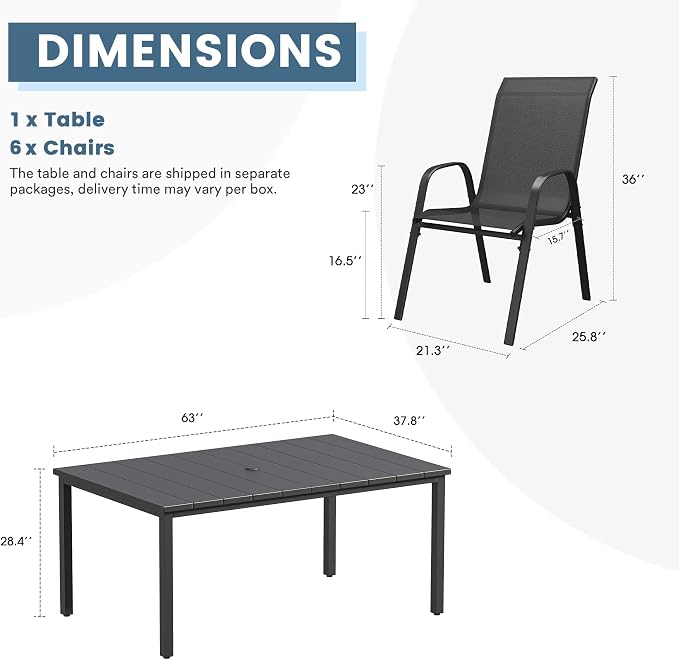 DIFY 7 Piece Outdoor Dining Set, 63" Black Rectangle Metal Patio Table and Dark Grey Textilene Stackable Chairs for 6, All Weather Patio Furniture Set with Umbrella Hole for Backyard Garden Deck