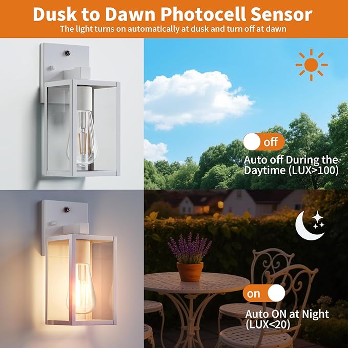 2 Pack White Dusk to Dawn Front Porch Lighting Fixtures Wall Mount, Sensor Outside Exterior Lights for House, Outdoor Lantern Lamp, Waterproof Wall Sconce Lights, Coach Light for Garage Entryway