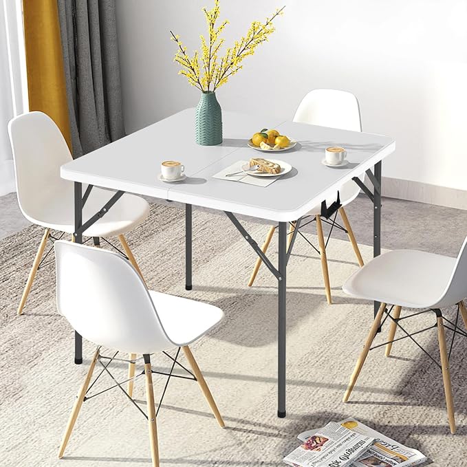 34" Folding Card Table, Heavy Duty Plastic Square Table - Portable Fold-in-Half w/Handle & Lock for Camping, BBQ, Party, Events