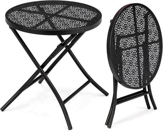 Folding Small Outdoor Side Tables, Patio Folding Side Table, Anti Rust Small Patio Table Round Metal Nightstand with Flower Cutouts for Porch Yard Balcony Deck Lawn