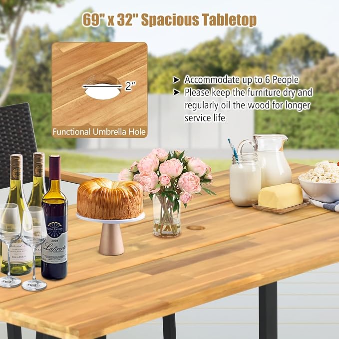Tangkula 69-Inch Acacia Wood Patio Dining Table for 6, Rectangle Outdoor Table with 2" Umbrella Hole & Metal Legs, 6-Person Indoor Outdoor Table for Dining Room, Backyard, Garden, Lawn, Yard