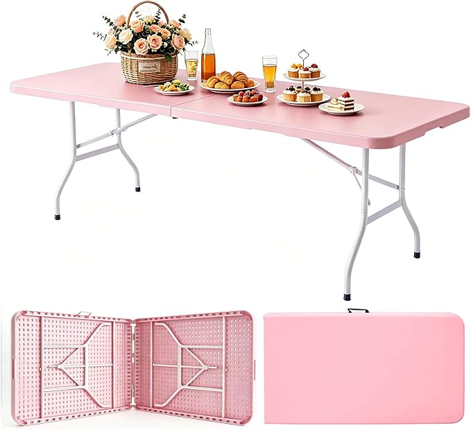 Portable Plastic Folding Table 4ft/6ft/8ft Heavy Duty White Black Picnic Dining Table Fold-in-Half for Camp Party Kitchen Indoor Outdoor