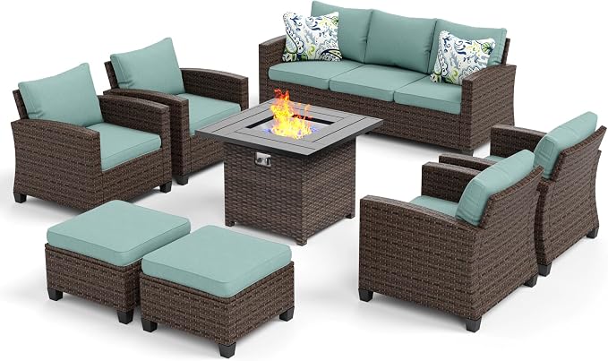MIXPATIO Patio Furniture Set, 8 Pcs Wicker Rattan Outdoor Conversation Set, 4 x Leg Chairs, 1 x 3 Seater Sofa and 2 x Ottoman with 4" Thick Cushion and 32" Fire Pit Table, Blue