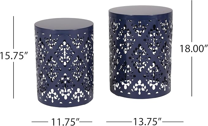 Benzara Kemo Outdoor End Table Set of 2, Round Top, Cutout Design, Navy Blue