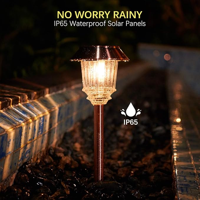 XMCOSY+ Solar Lights Outdoor Waterproof, 4 Pack Solar Lights for Outside | 10-40 LM Dimmable Warm White Metal & Glass Waterproof Outdoor Solar Lights For Yard Garden Lawn Driveway Walkway Pathways