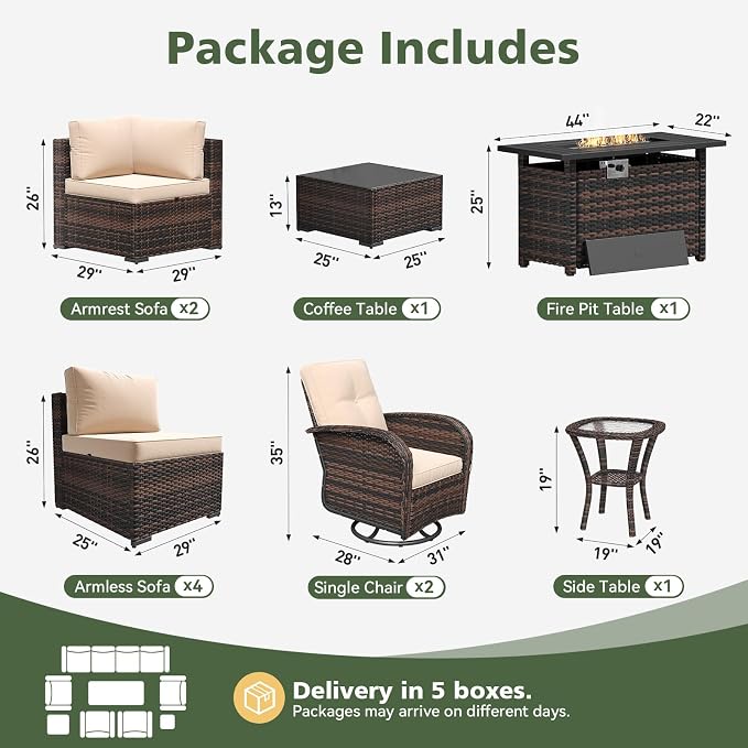Aoxun 11 Piece Outdoor Patio Furniture Set with 44'' Fire Pit Table, Wicker Rattan Outdoor Furniture with High Back Swivel Rocker Chairs, Outdoor Sofa Set with Thick Cushion & Side Table, Beige
