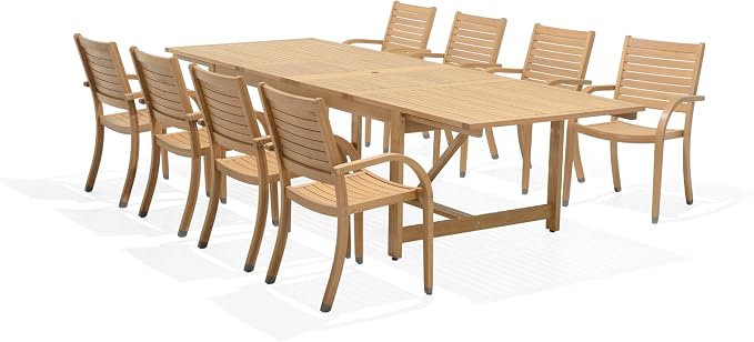 Amazonia Berlin 9-Piece Rectangular Extendable Patio Dining Set | Teak Finish | Ideal for Outdoors and Indoors