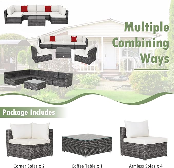 DORTALA 7 Pieces PE Rattan Patio Furniture Set, All-Weather Wicker Conversation Set W/Soft Cushions & Pillows, Coffee Table, Outdoor Sectional Sofa Set for Balcony, Poolside, Backyard, White