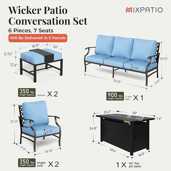 MIXPATIO Patio Furniture Set, 6 Pcs Metal Outdoor Conversation Set, 2 Single Chairs, 2 Ottomans and 3 Seater Sofa with 5.75" Extra Thick Cushion and Gas Fire Pit Table, Blue