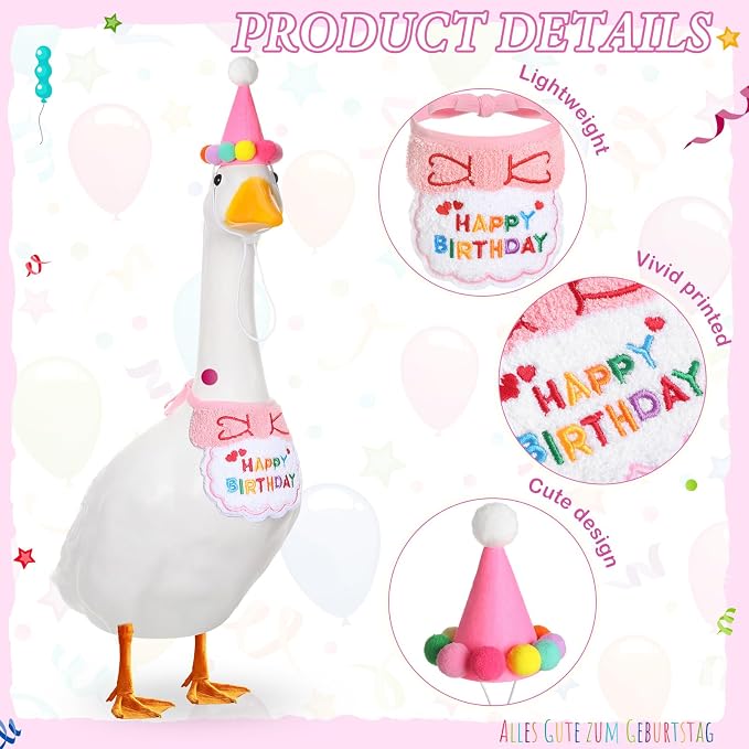 Abbylike Happy Birthday Goose Outfit Lawn Porch Goose Outfits with Party Hat Bandana for 23" 17" Cement Plastic Duck Decor(Pink)