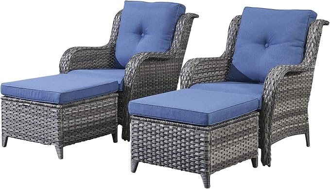 Rilyson Luxury 4 Pieces Patio Wicker Furniture Ottomans, Wicker Patio Chairs Set of 2 with Ottoman, Rattan Outdoor Porch Chair with Thick Cushion for Balcony Deck Yard and Porch (Grey/Blue)