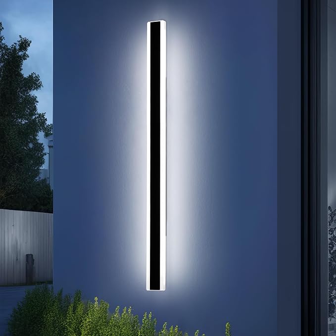 71inch Exterior Wall Light Fixture, 6000K Cold White, Modern Long Outdoor Wall Sconce, IP65 Waterproof, 60W, Black Minimalist Outside LED Strip Lights for Garage, Patio, Balcony, Fence