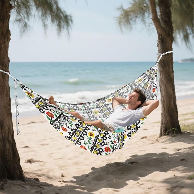 Camping Hammock Outdoor Hammocks for Outside Flower Black White Beach Trees Portable Lightweight with Pockets Tree Straps Indoor