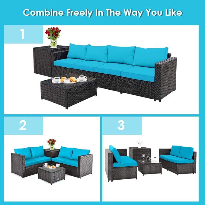 HAPPYGRILL 4-Piece Rattan Wicker Conversation Set Outdoor Patio Furniture Sofa Set with Storage Box & Tempered Glass Coffee Table for Backyard Garden Porch